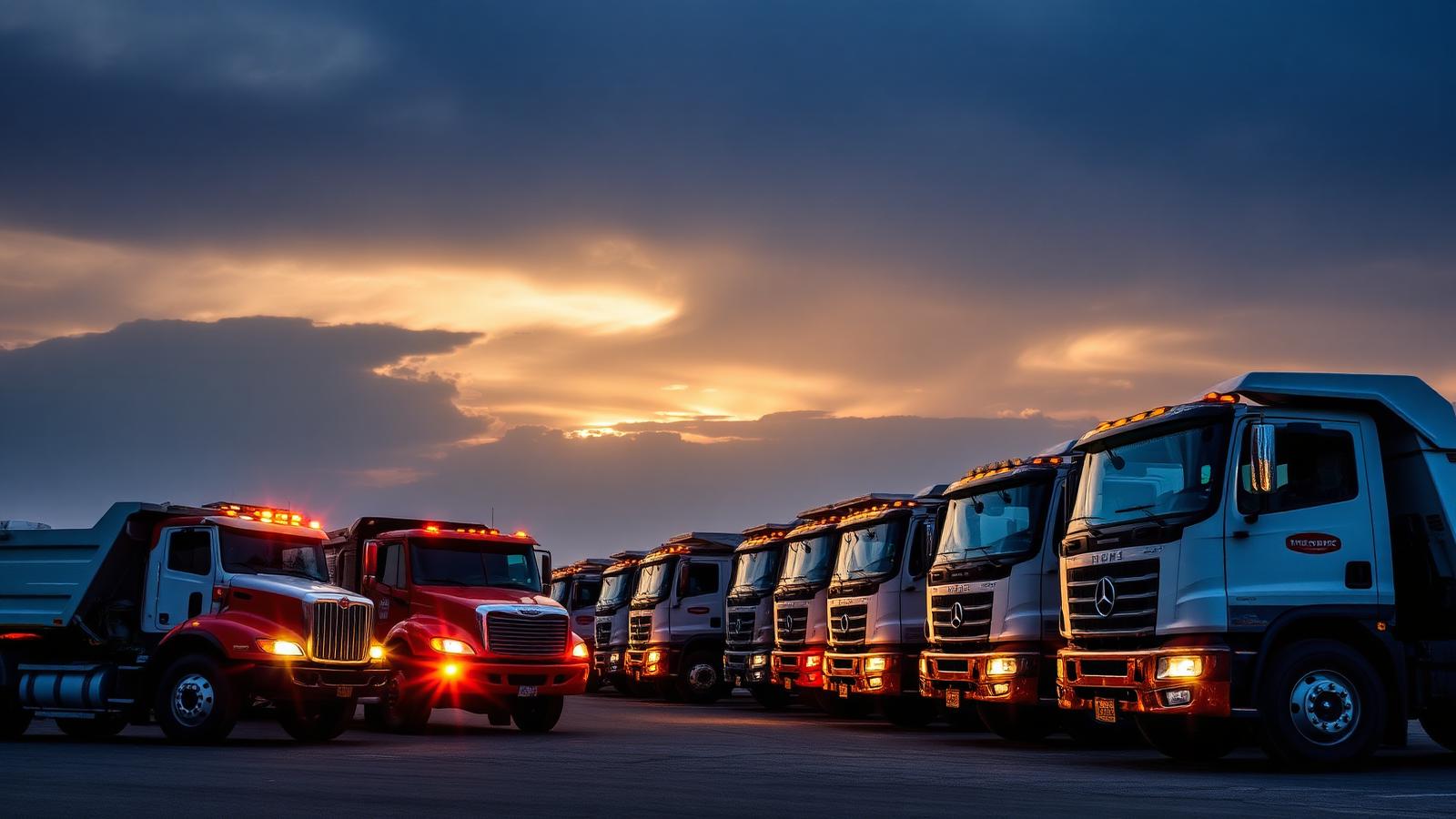 Fleet of work and dump trucks